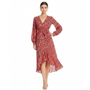 Parker Kinsale Red Floral Silk Faux Wrap Midi Dress Size 10 NWT